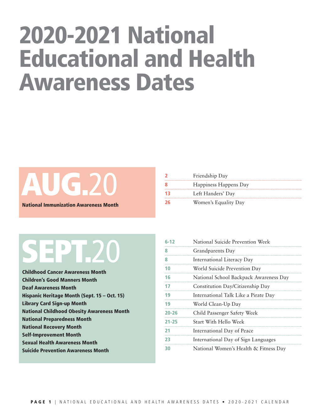 2020-2021 National Educational and Health Awareness Dates