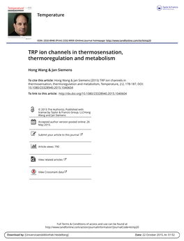 TRP Ion Channels in Thermosensation, Thermoregulation and Metabolism