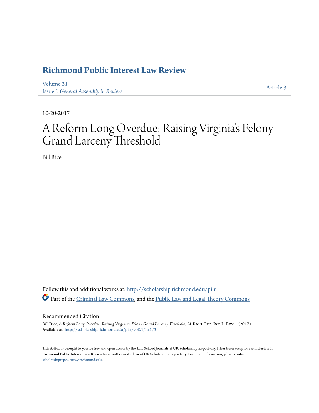 Raising Virginia's Felony Grand Larceny Threshold Bill Rice