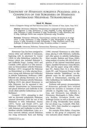 Taxonomy of Hymenoxys Subgenus Picradenia and a Conspectus of the Subgenera of Hymenoxys (Asteraceae: Helenieae: Tetraneurinae)