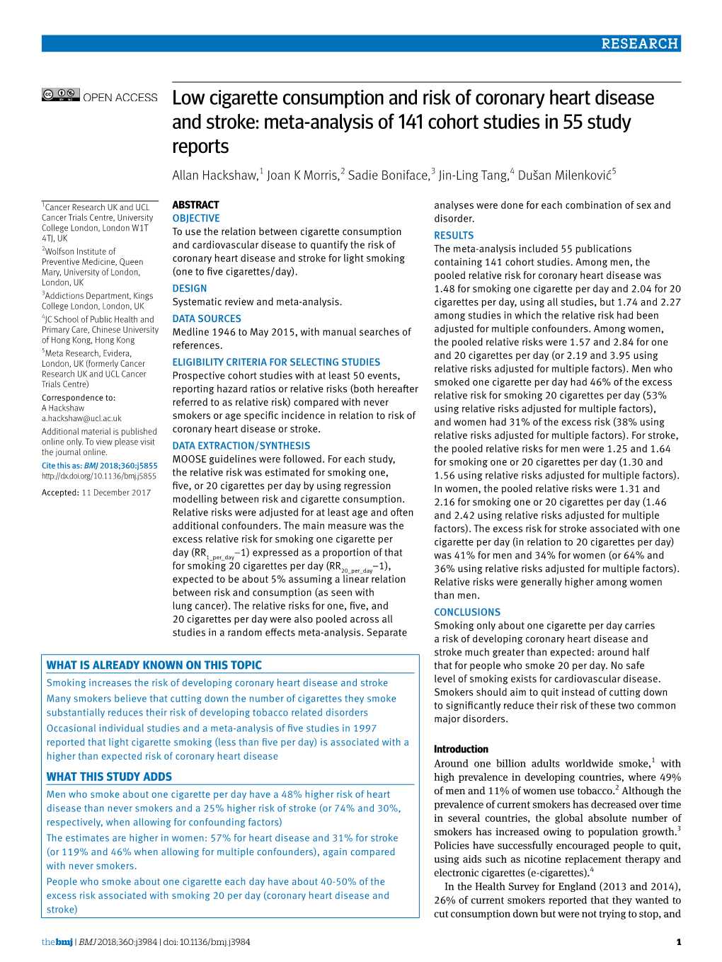 Low Cigarette Consumption and Risk of Coronary Heart Disease and Stroke