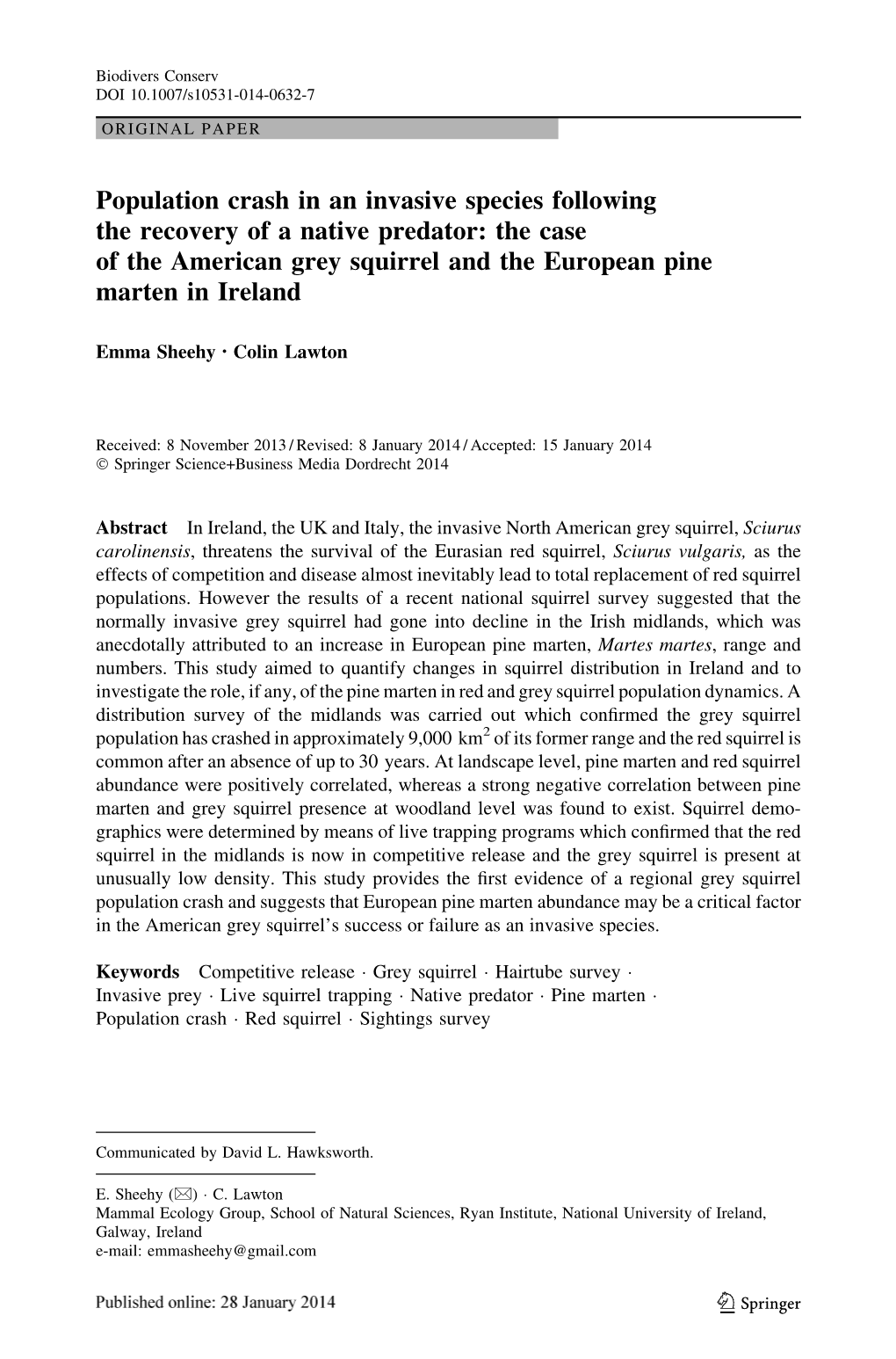 Population Crash in an Invasive Species Following the Recovery of a Native Predator: the Case of the American Grey Squirrel and the European Pine Marten in Ireland