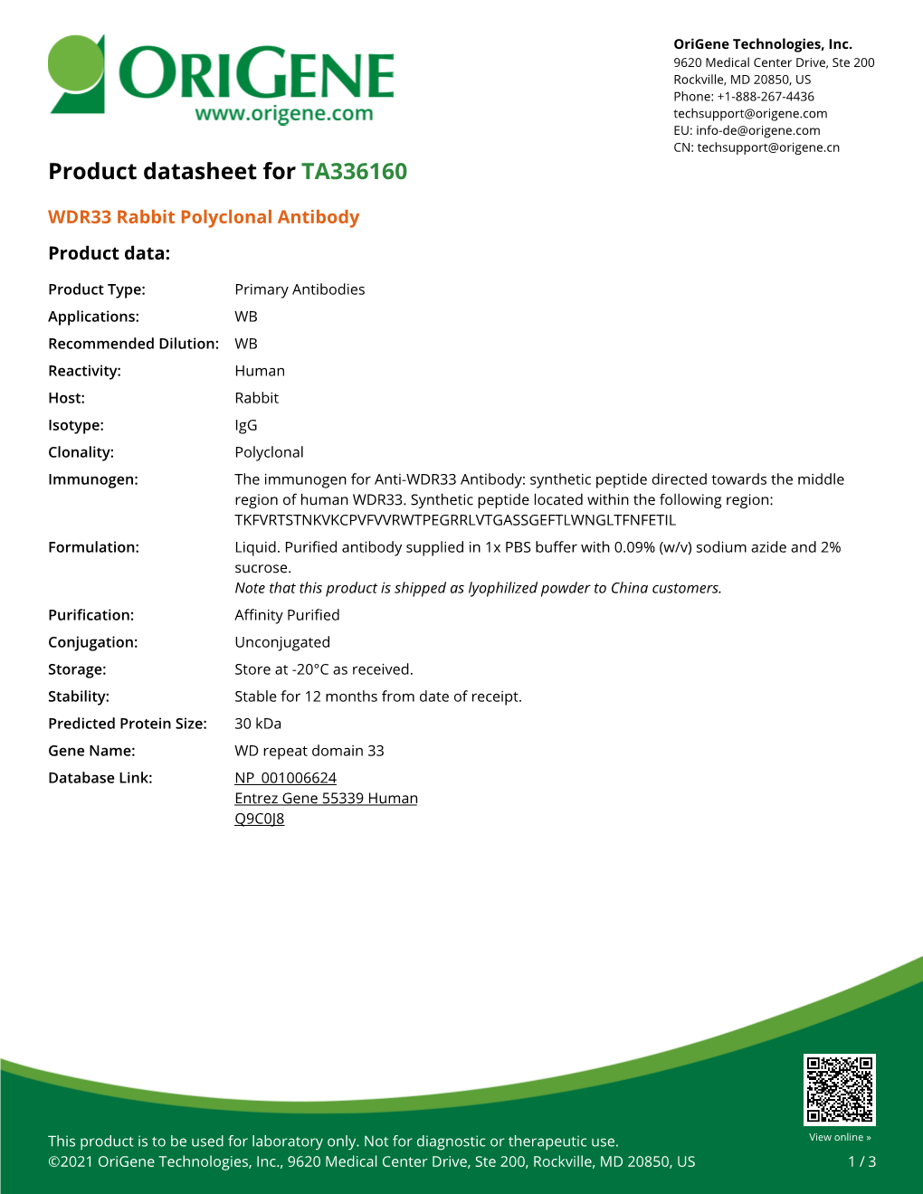 WDR33 Rabbit Polyclonal Antibody – TA336160 | Origene