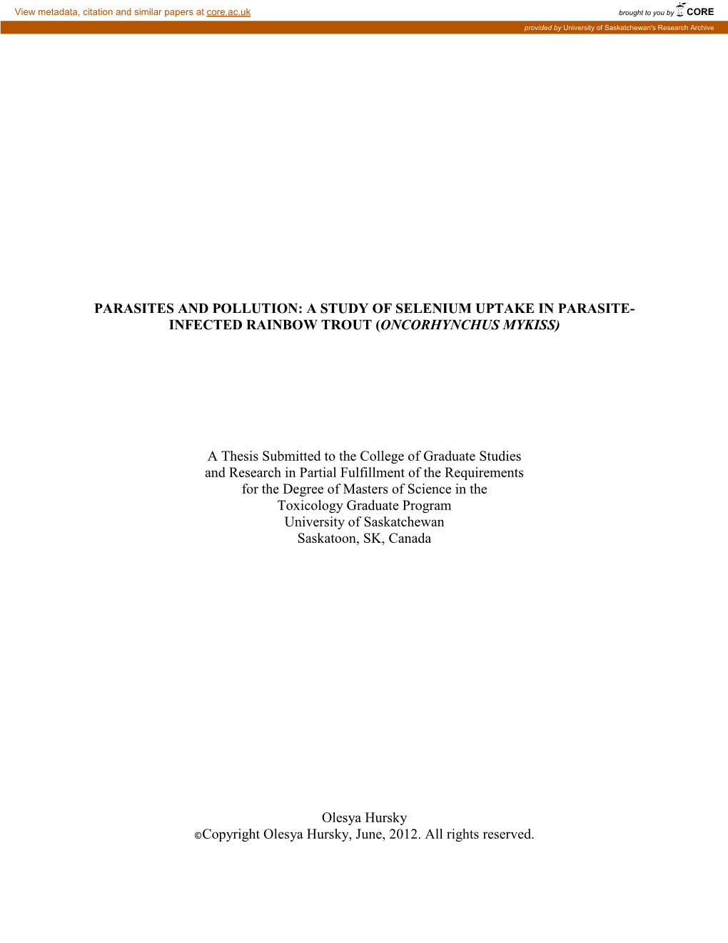 A Study of Selenium Uptake in Parasite- Infected Rainbow Trout (Oncorhynchus Mykiss)