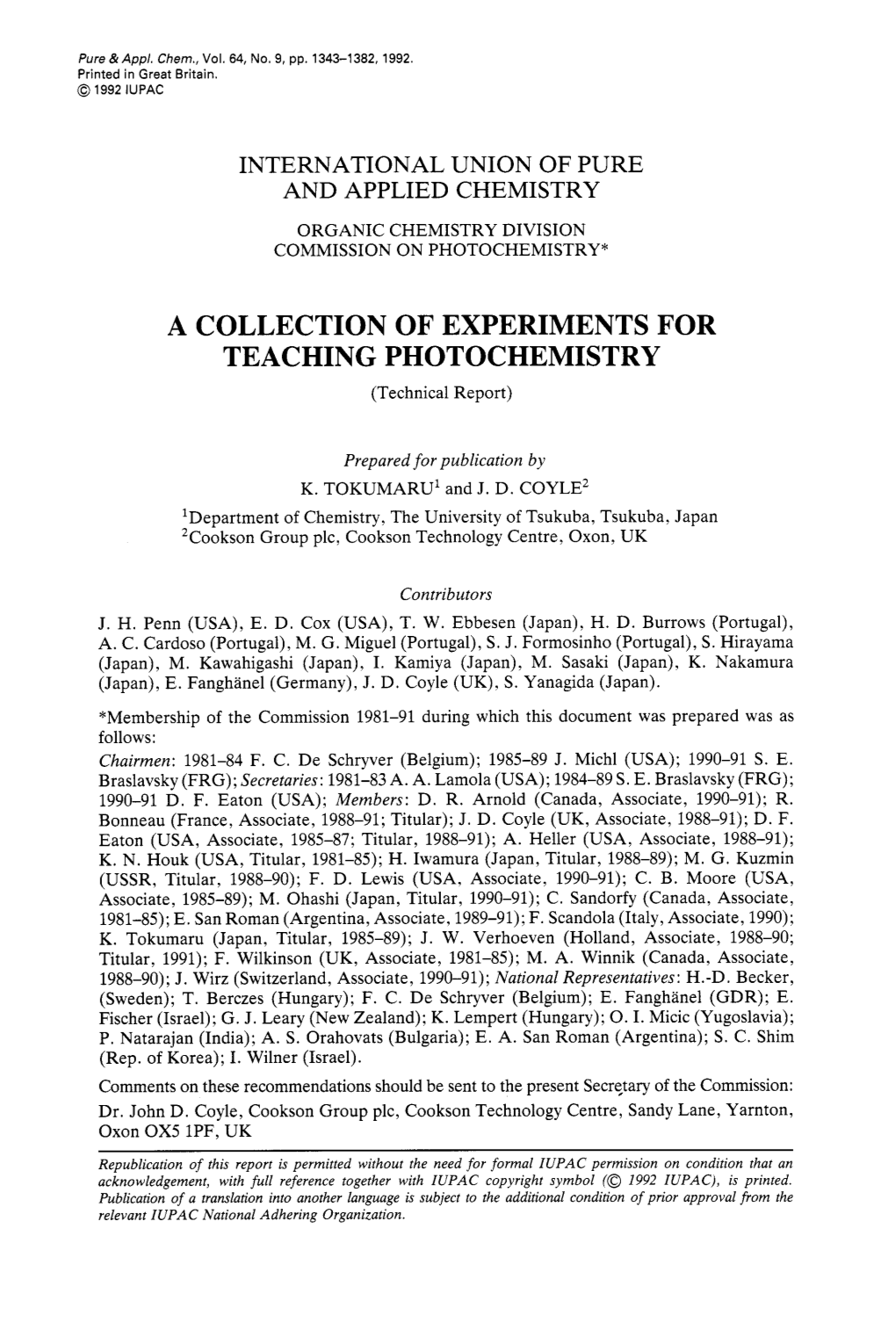 A COLLECTION of EXPERIMENTS for TEACHING PHOTOCHEMISTRY (Technical Report)
