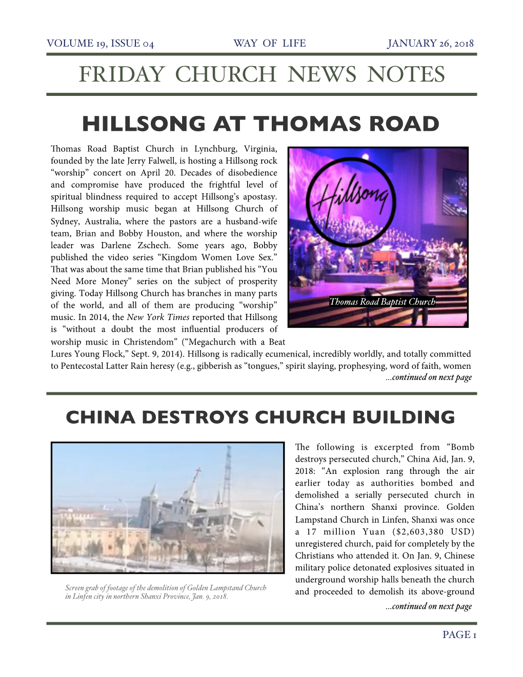 Friday Church News Notes Hillsong at Thomas Road