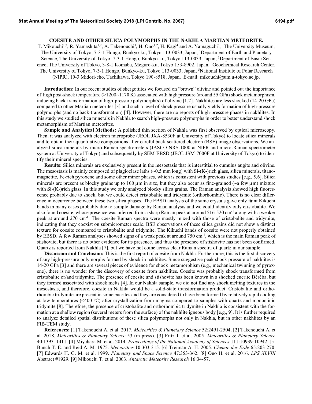 Coesite and Other Silica Polymorphs in the Nakhla Martian Meteorite. T