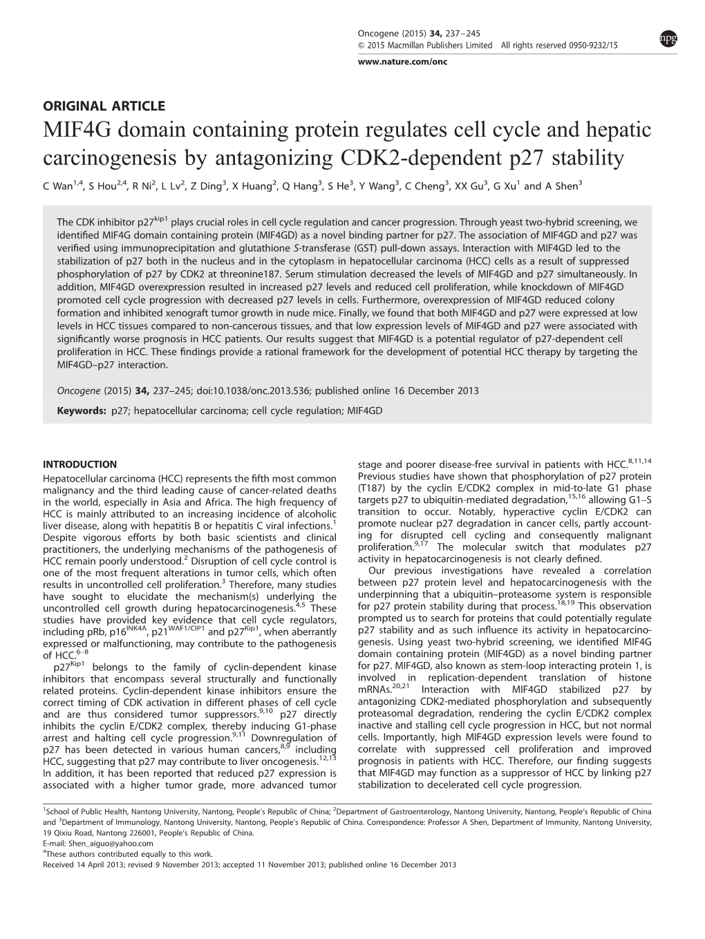 MIF4G Domain Containing Protein Regulates Cell Cycle and Hepatic Carcinogenesis by Antagonizing CDK2-Dependent P27 Stability