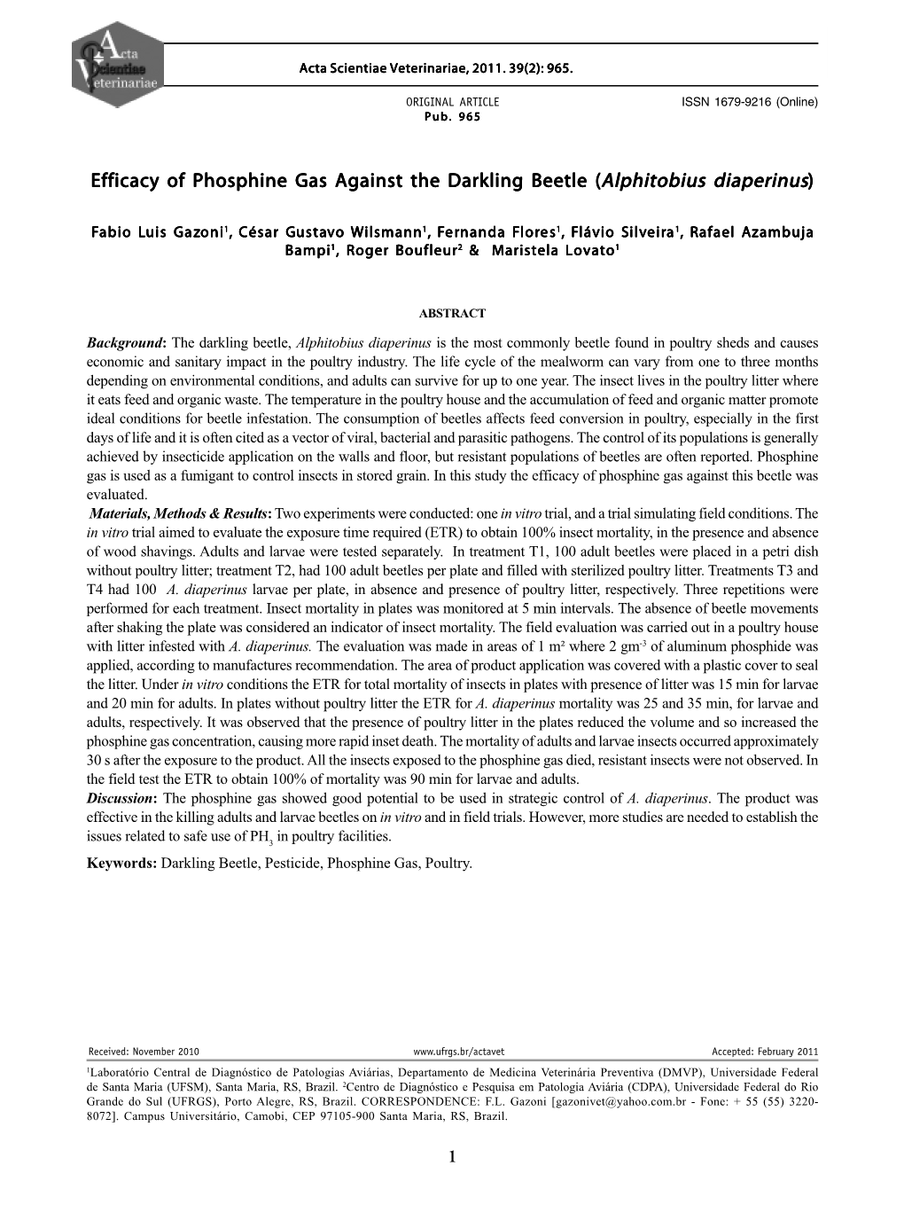 Efficacy of Phosphine Gas Against the Darkling Beetle (Alphitobius Diaperinus)