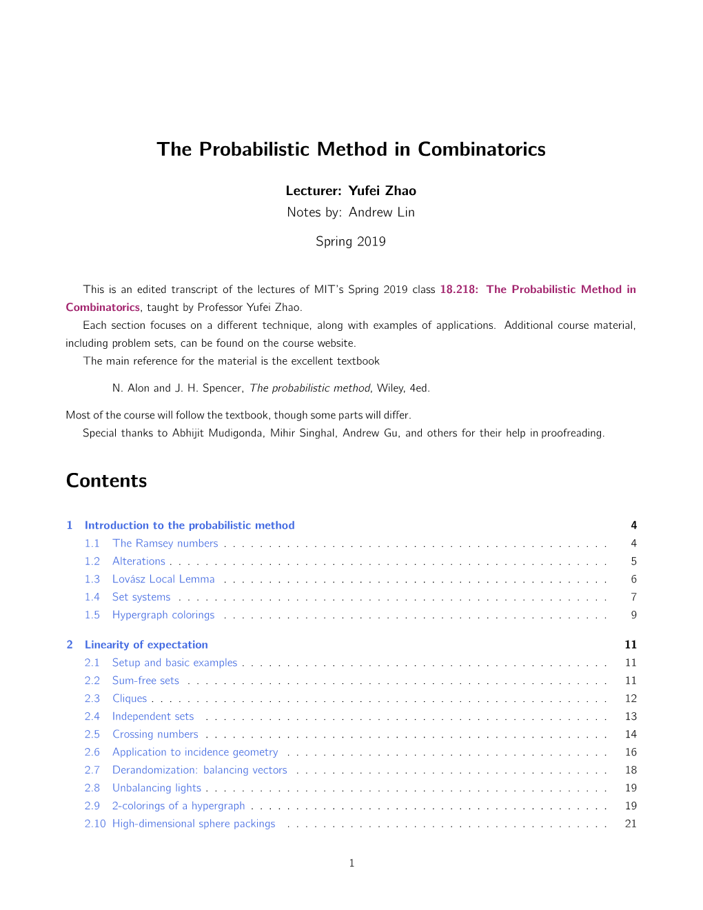 18.218 Probabilistic Method in Combinatorics, Lecture Notes