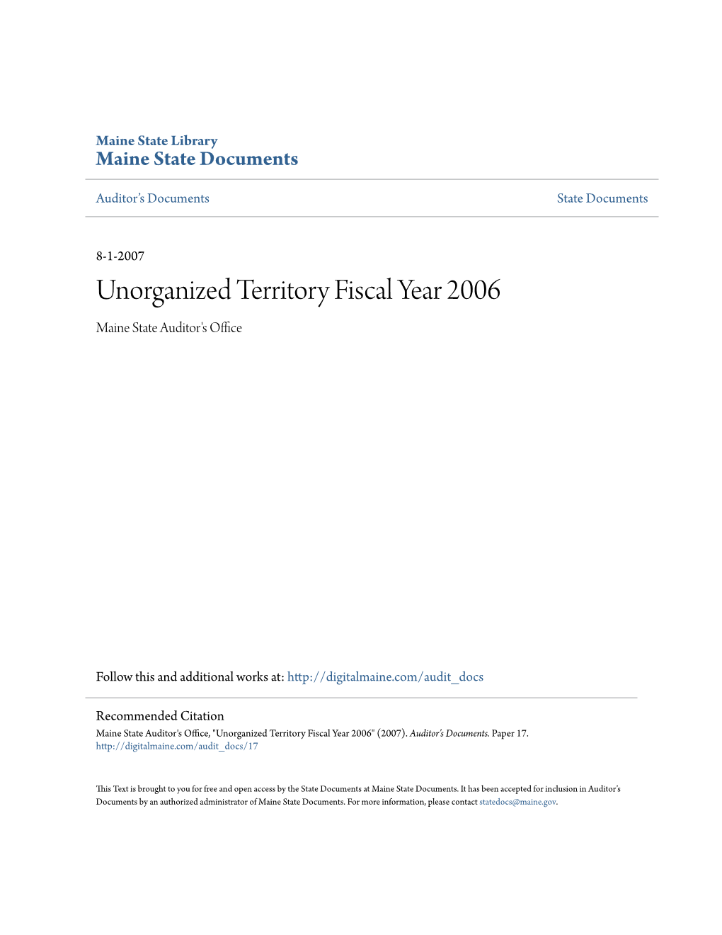 Unorganized Territory Fiscal Year 2006 Maine State Auditor's Office