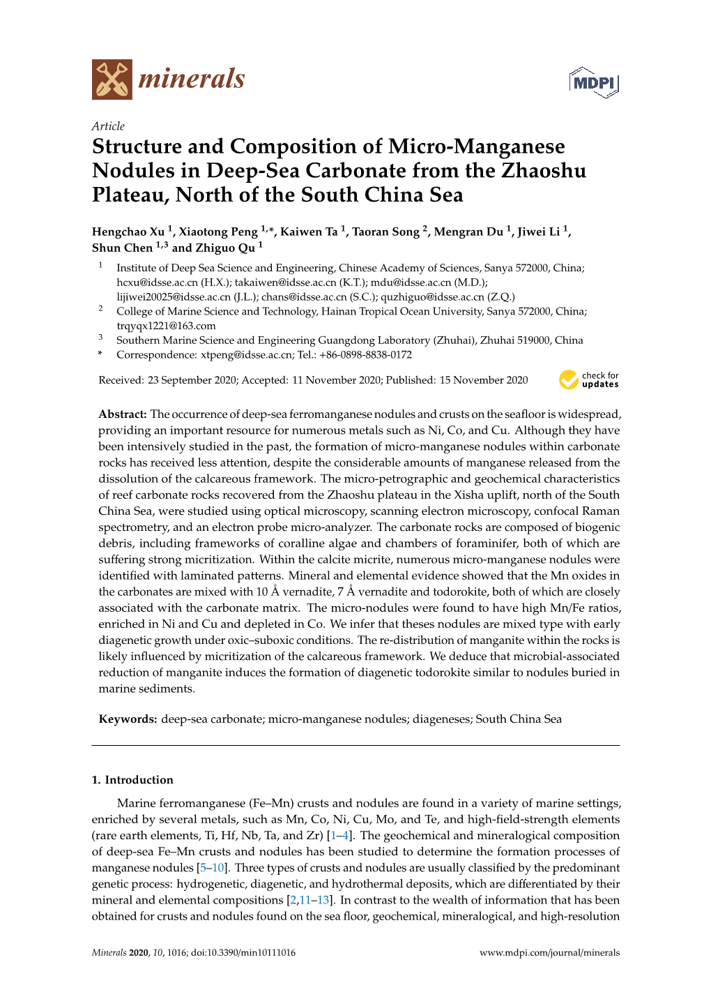 Structure and Composition of Micro-Manganese Nodules in Deep-Sea Carbonate from the Zhaoshu Plateau, North of the South China Sea