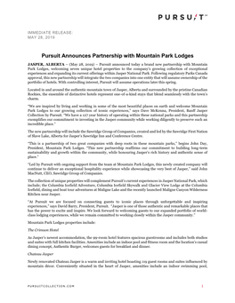 Pursuit Announces Partnership with Mountain Park Lodges