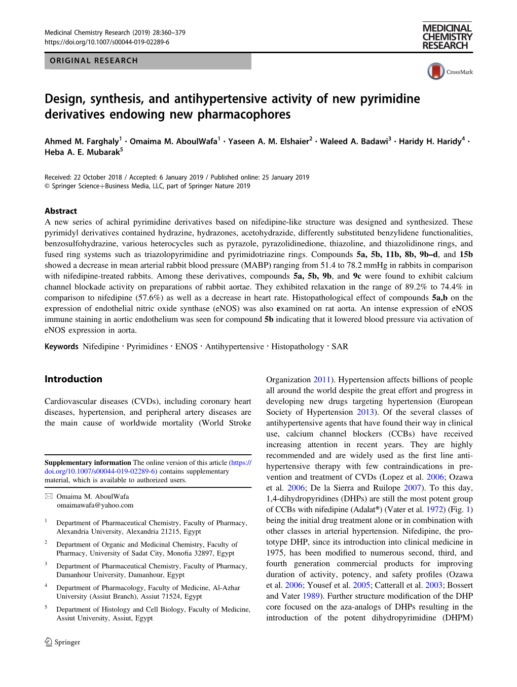 Design, Synthesis, and Antihypertensive Activity of New Pyrimidine Derivatives Endowing New Pharmacophores