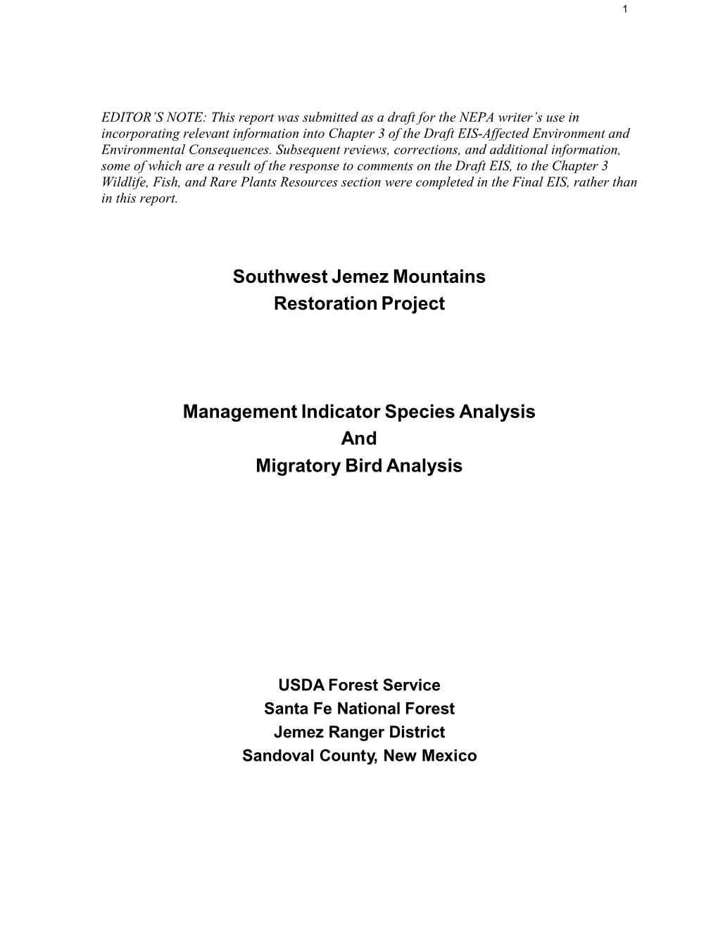 Wildlife-Management Indicatir Species and Migratory Bird Report