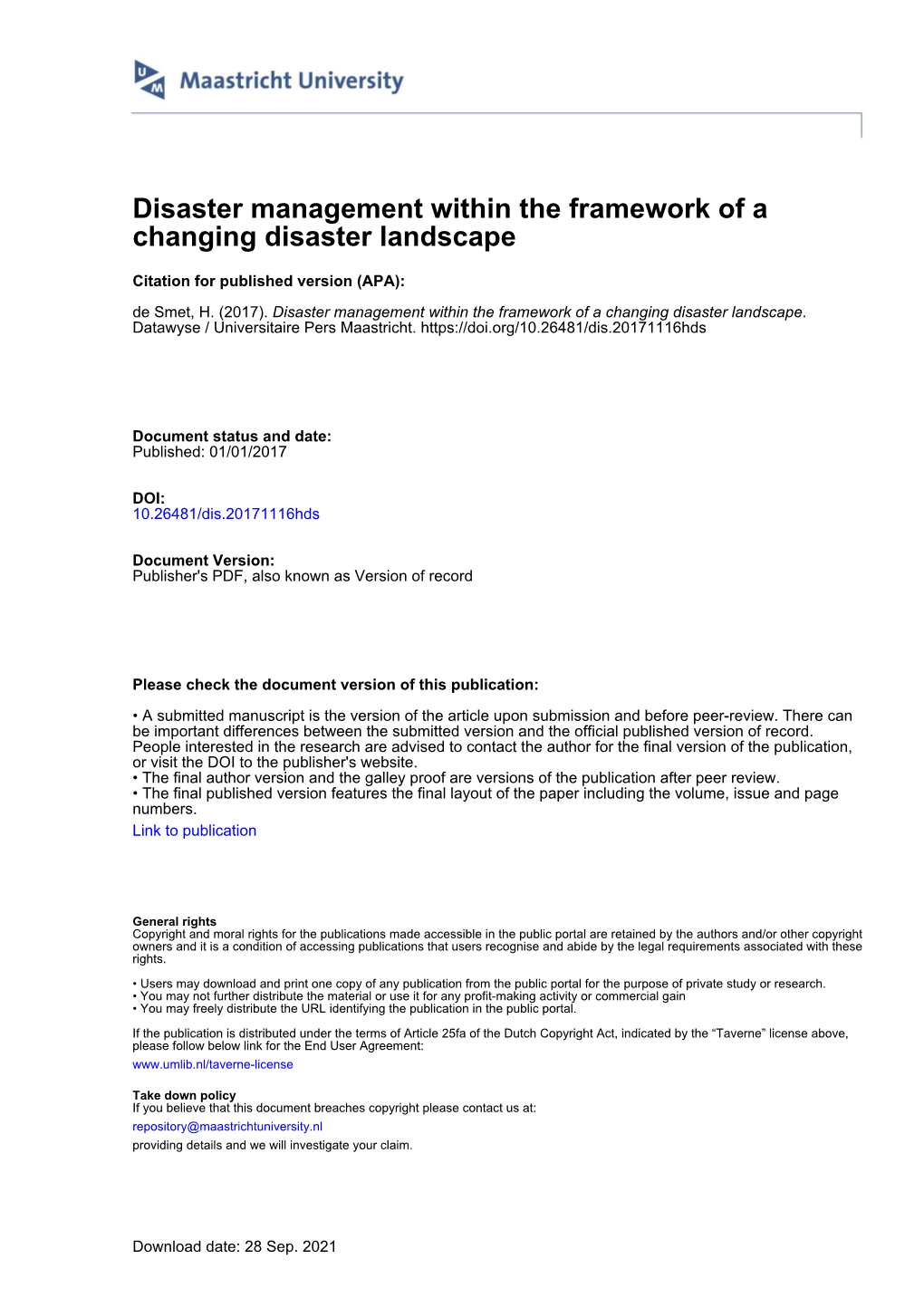 Disaster Management Within the Framework of a Changing Disaster Landscape