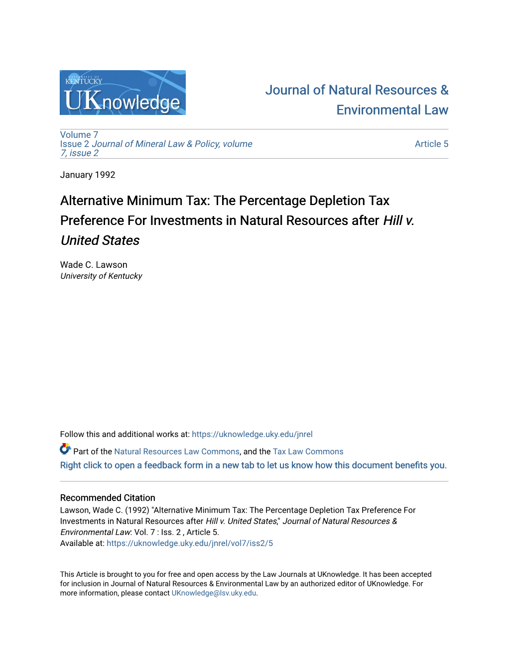 Alternative Minimum Tax: the Percentage Depletion Tax Preference for Investments in Natural Resources After Hill V