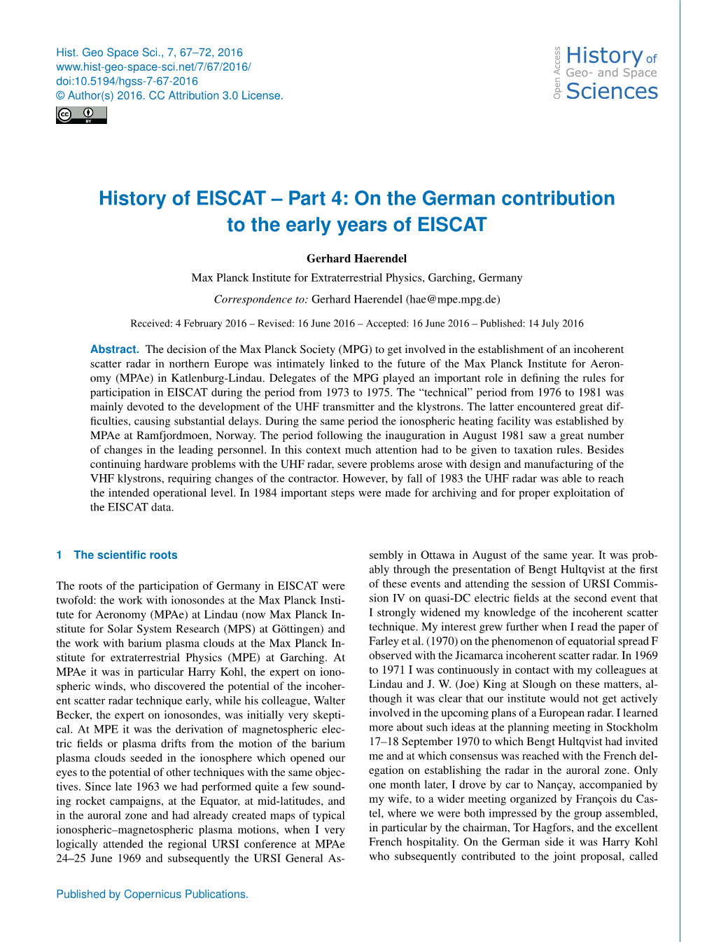 History of EISCAT – Part 4: on the German Contribution to the Early Years of EISCAT