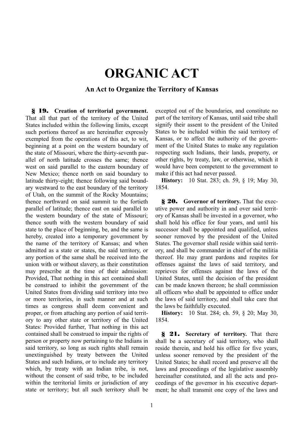 Organic Act: an Act to Organize the Territory of Kansas
