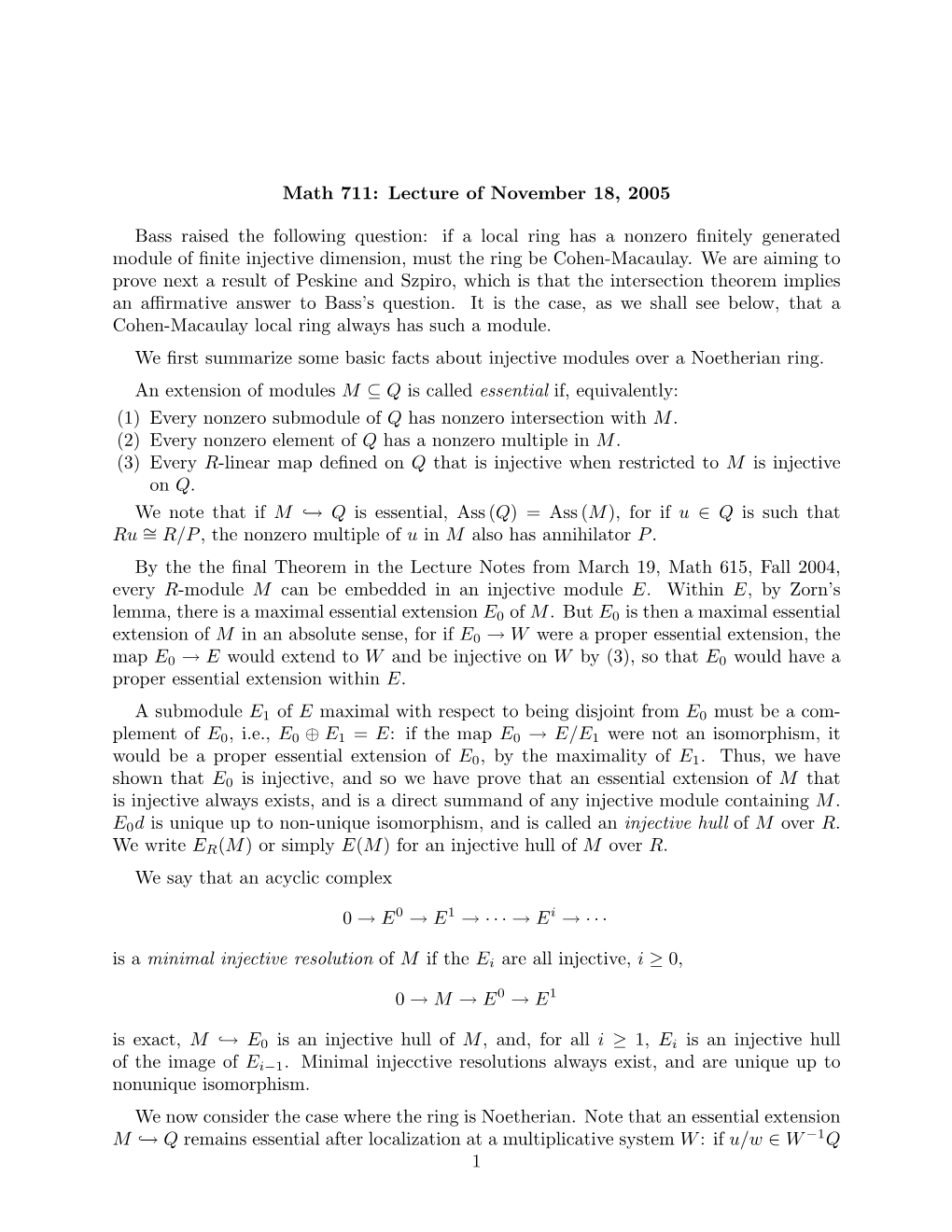 Math 711: Lecture of November 18, 2005 Bass Raised the Following