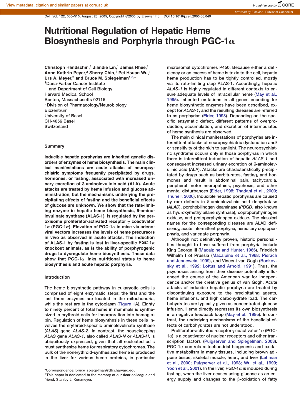 Nutritional Regulation of Hepatic Heme Biosynthesis and Porphyria Through PGC-1␣