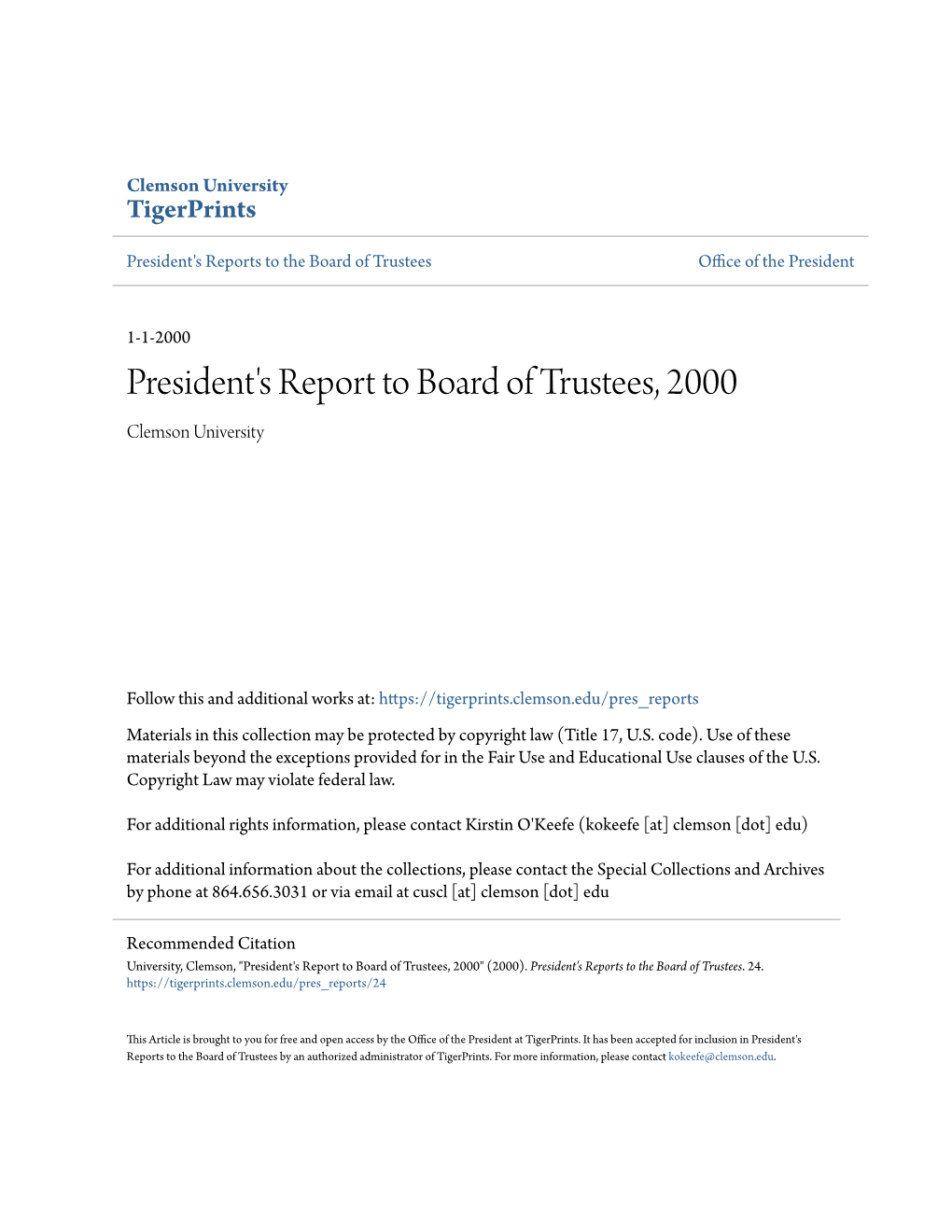 President's Report to Board of Trustees, 2000 Clemson University