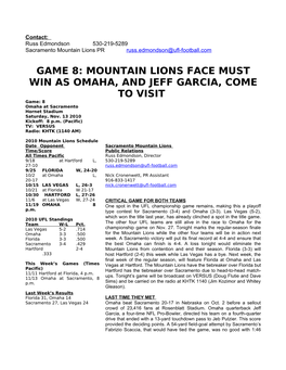 11-13-2010 Mountain Lions Vs. Omaha Nighthawks Game Notes