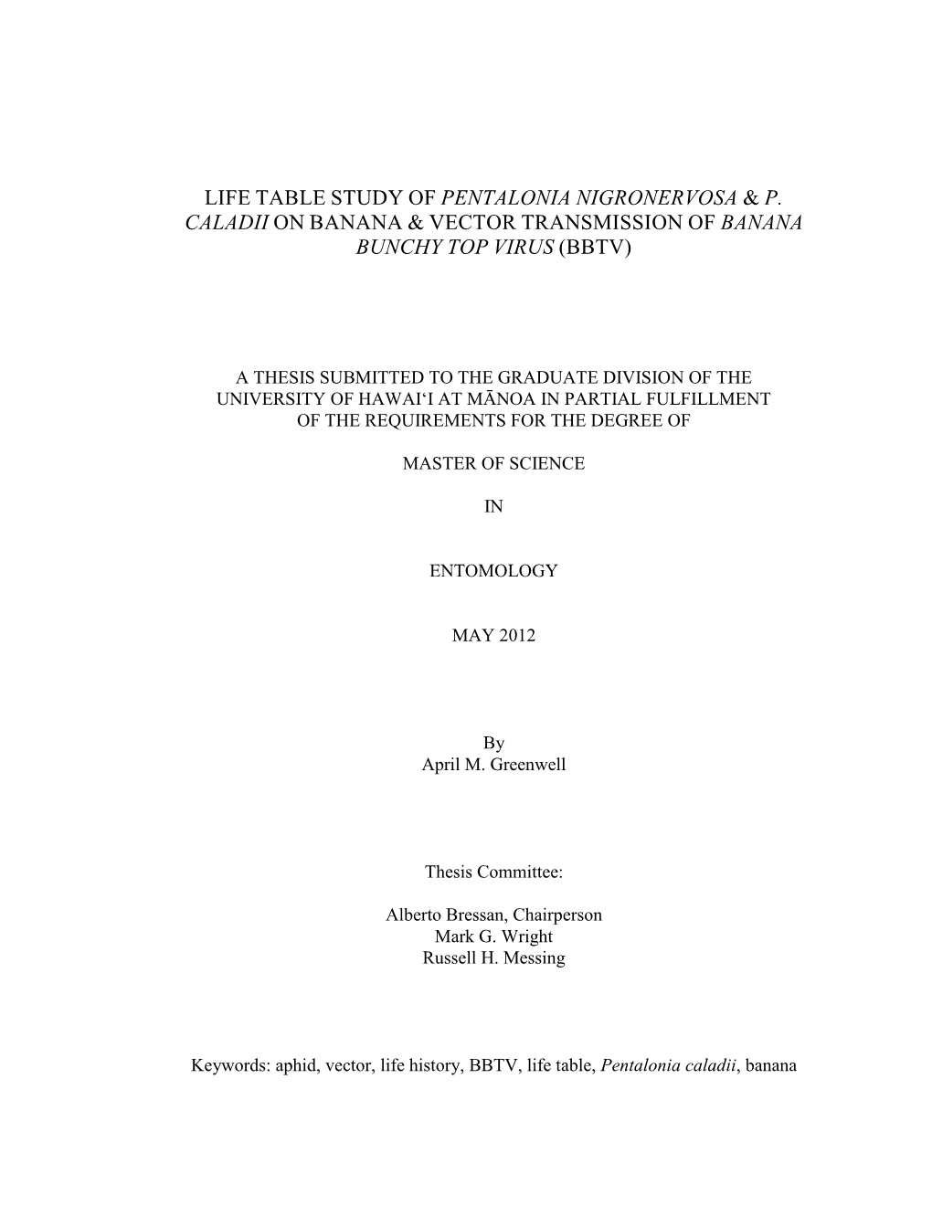 Life Table Study of Pentalonia Nigronervosa & P. Caladii - DocsLib