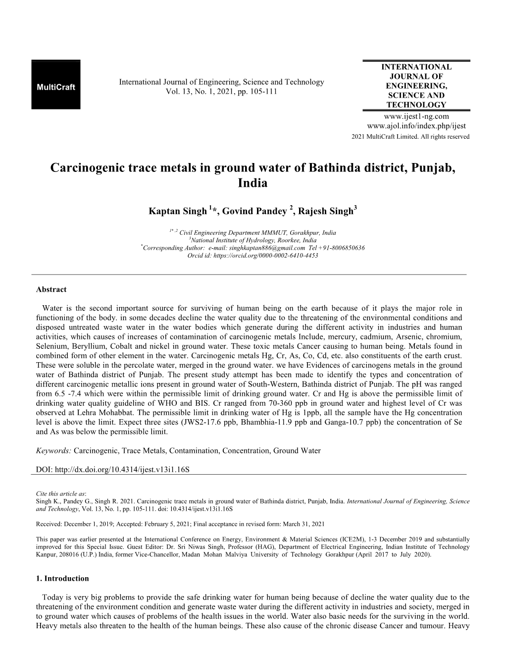 Carcinogenic Trace Metals in Ground Water of Bathinda District, Punjab, India