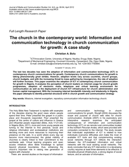 The Church in the Contemporary World: Information and Communication Technology in Church Communication for Growth: a Case Study
