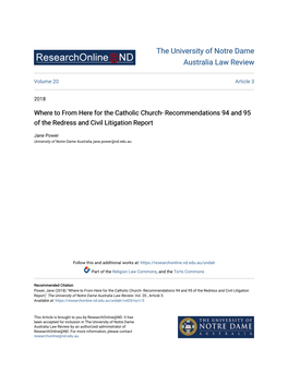 Where to from Here for the Catholic Church- Recommendations 94 and 95 of the Redress and Civil Litigation Report