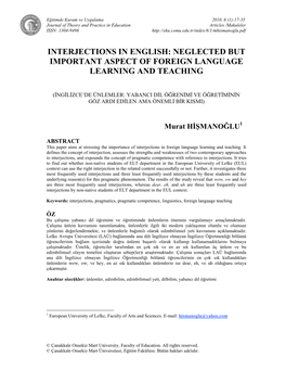 Interjections in English: Neglected but Important Aspect of Foreign Language Learning and Teaching