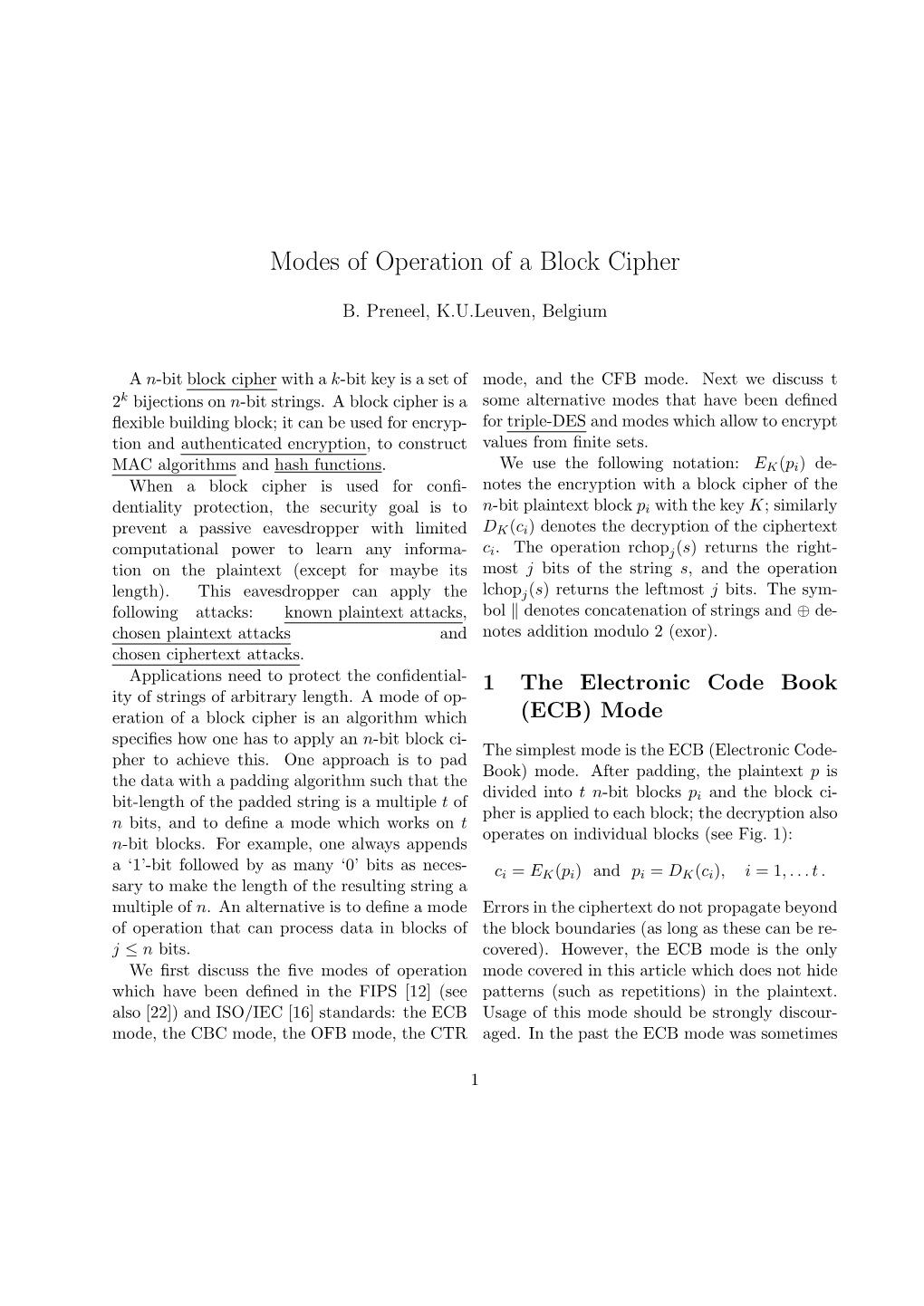 Modes of Operation of a Block Cipher