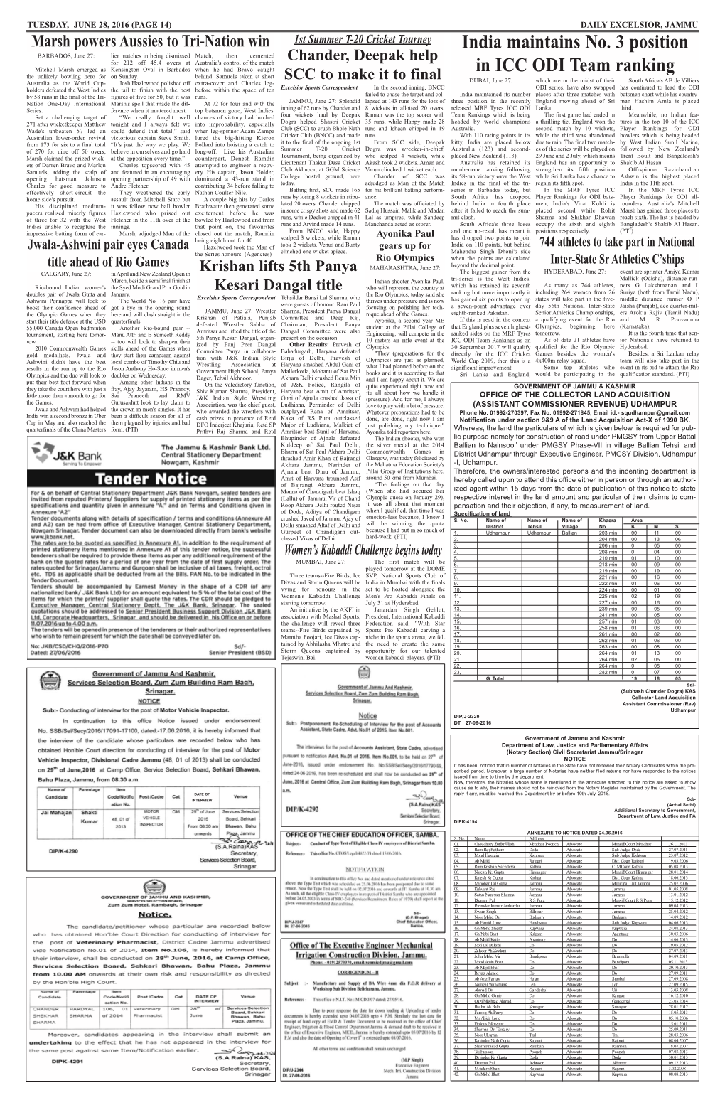 PAGE 14) DAILY EXCELSIOR, JAMMU Marsh Powers Aussies to Tri-Nation Win 1St Summer T-20 Cricket Tourney India Maintains No