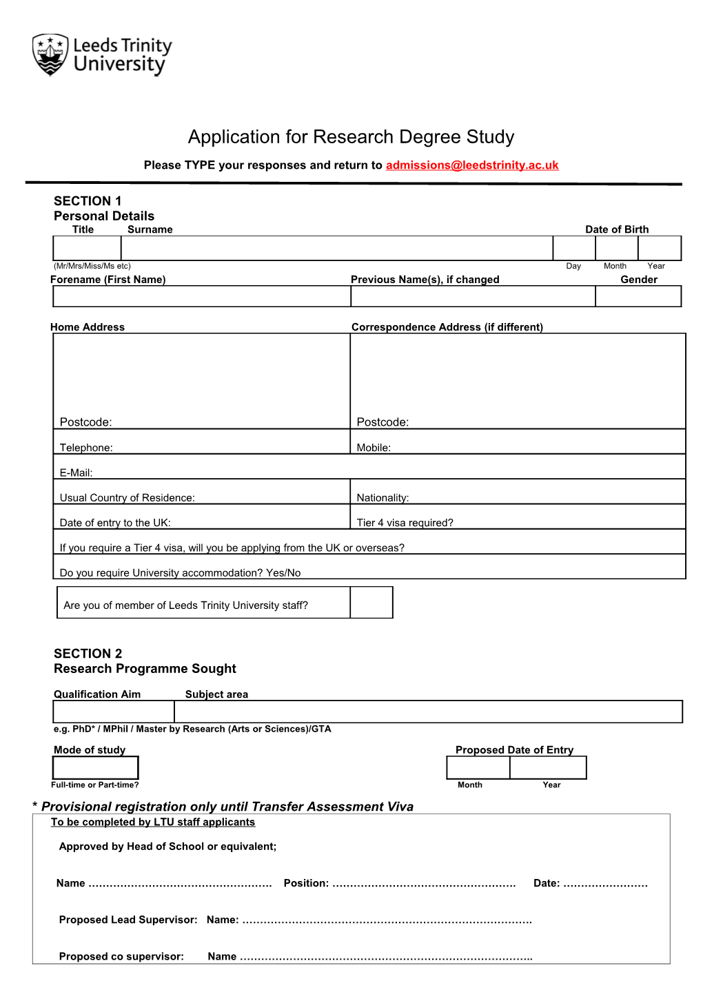 Application Form for Postgraduate Study