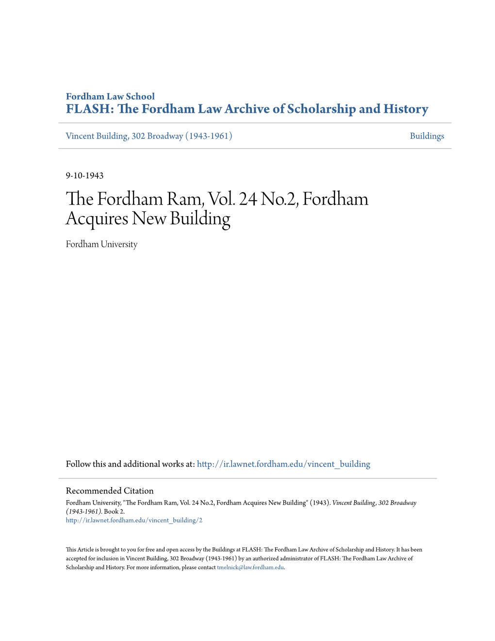 The Fordham Ram, Vol. 24 No.2, Fordham Acquires New Building