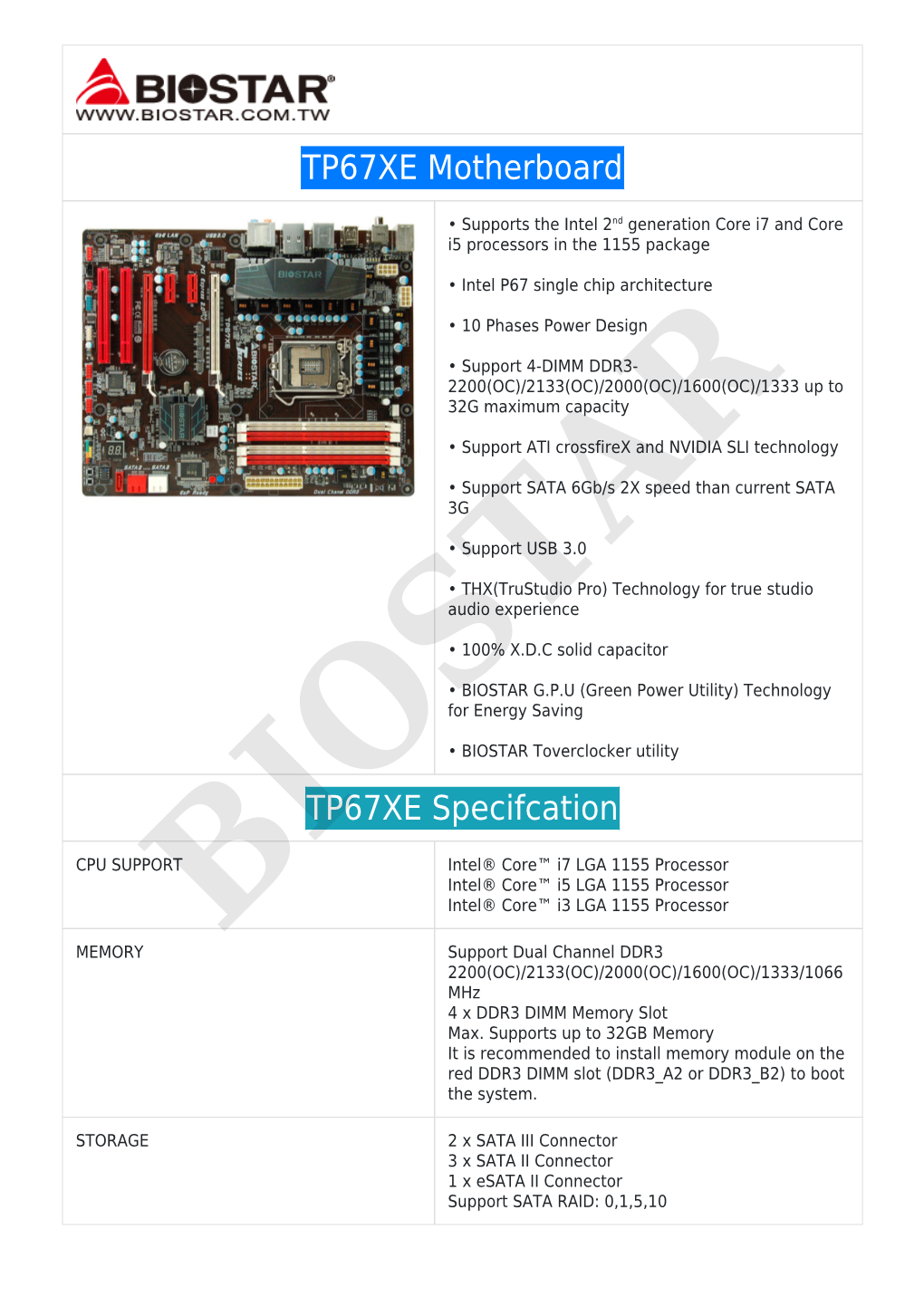 TP67XE Motherboard TP67XE Specifcation