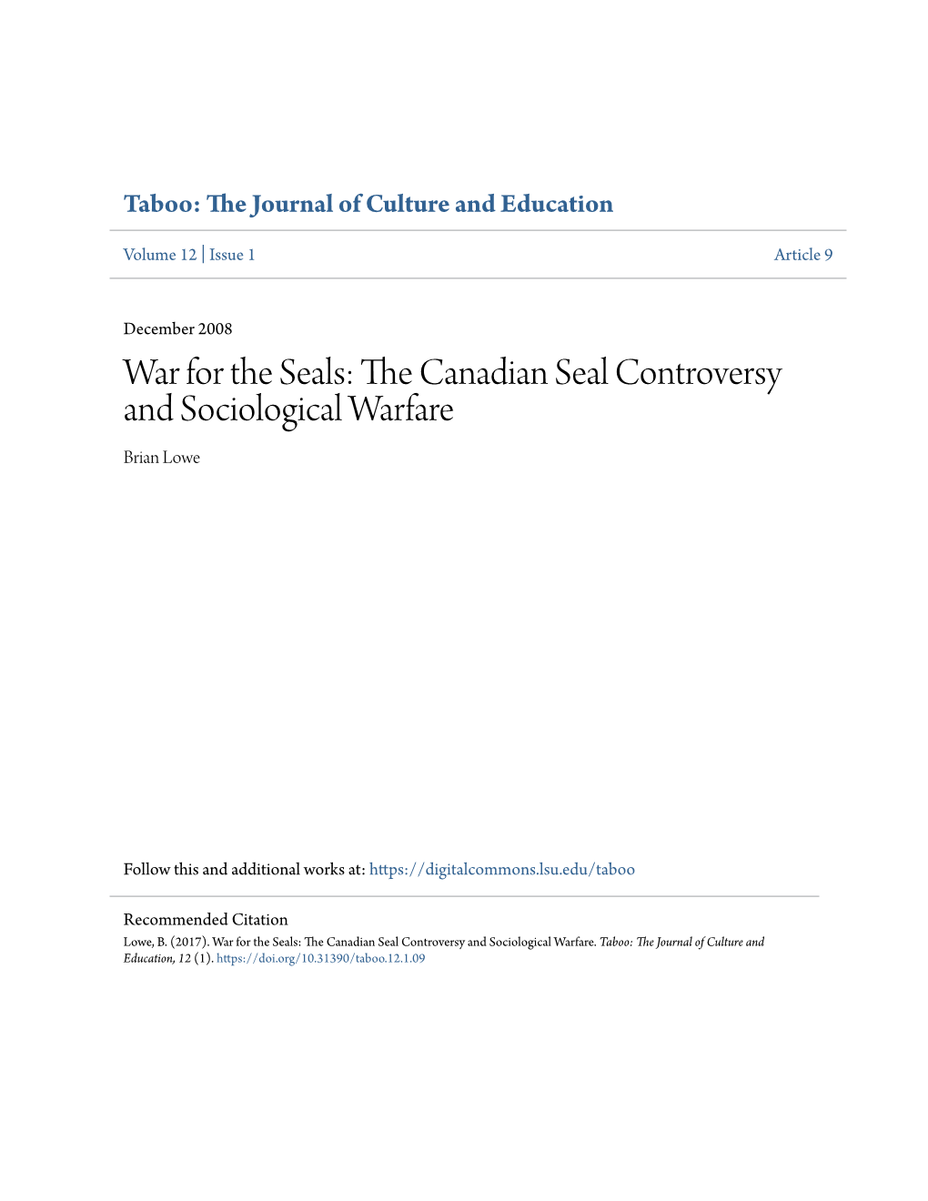 War for the Seals: the Canadian Seal Controversy and Sociological Warfare