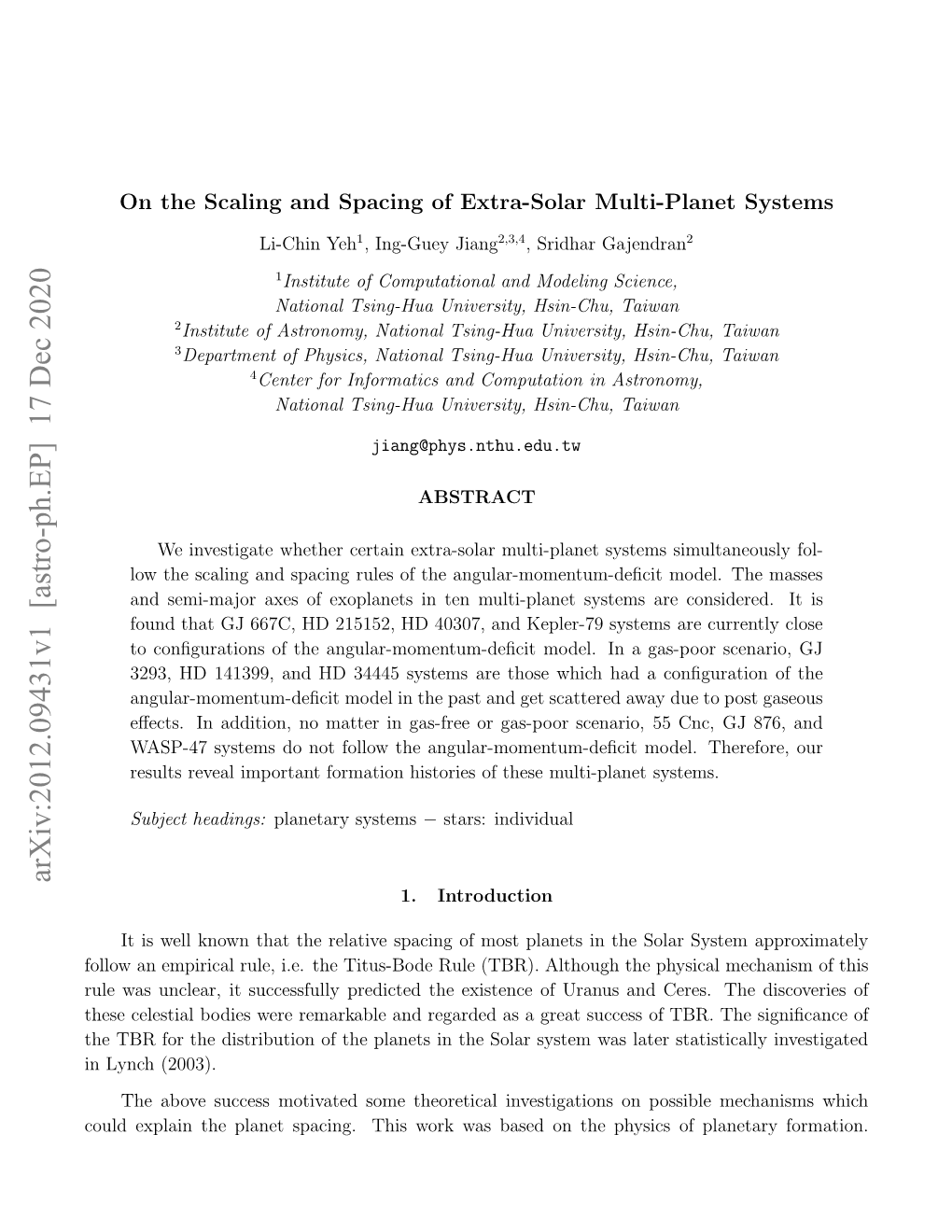 Arxiv:2012.09431V1 [Astro-Ph.EP] 17 Dec 2020 Ol Xli H Lntsaig Hswr a Ae Ntepyiso Physics the on Based Was Work This Spacing