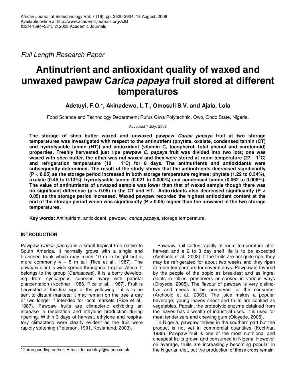 Antinutrient and Antioxidant Quality of Waxed and Unwaxed Pawpaw Carica Papaya Fruit Stored at Different Temperatures