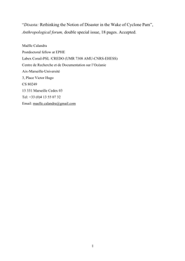 Disasta: Rethinking the Notion of Disaster in the Wake of Cyclone Pam”, Anthropological Forum, Double Special Issue, 18 Pages