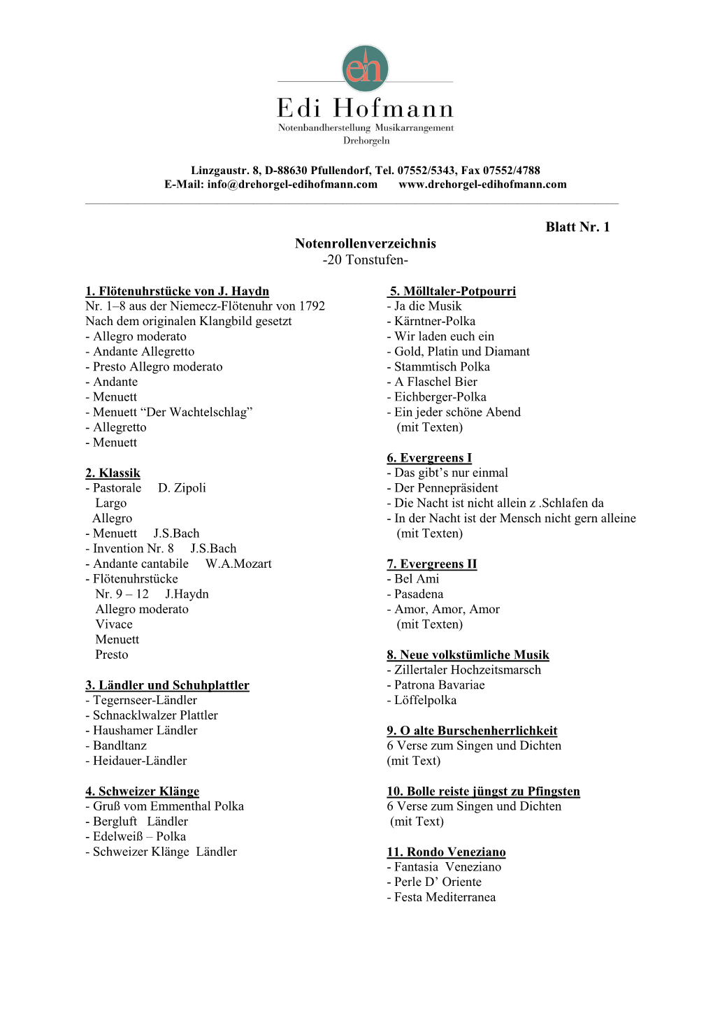 Blatt Nr. 1 Notenrollenverzeichnis -20 Tonstufen