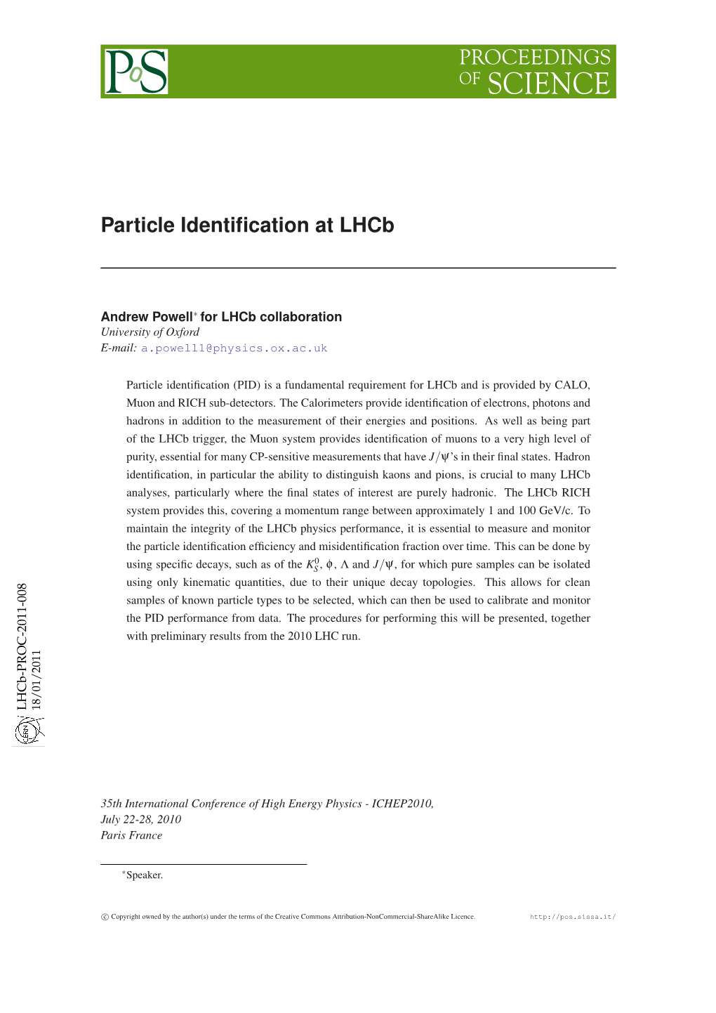 Particle Identification at Lhcb