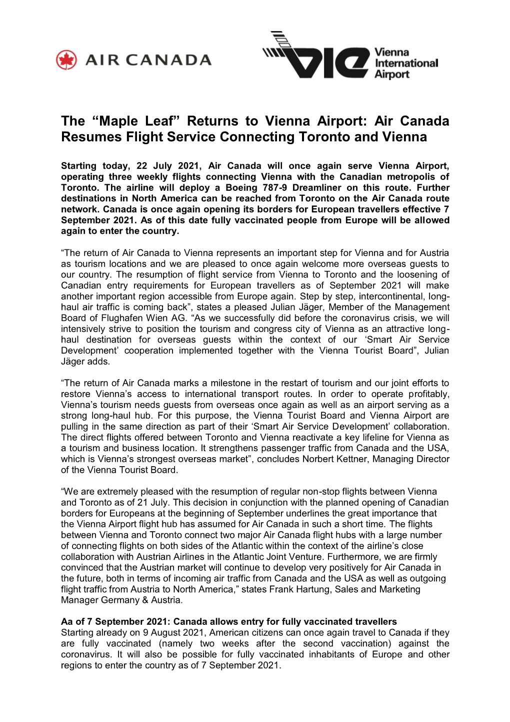 The “Maple Leaf” Returns to Vienna Airport: Air Canada Resumes Flight Service Connecting Toronto and Vienna