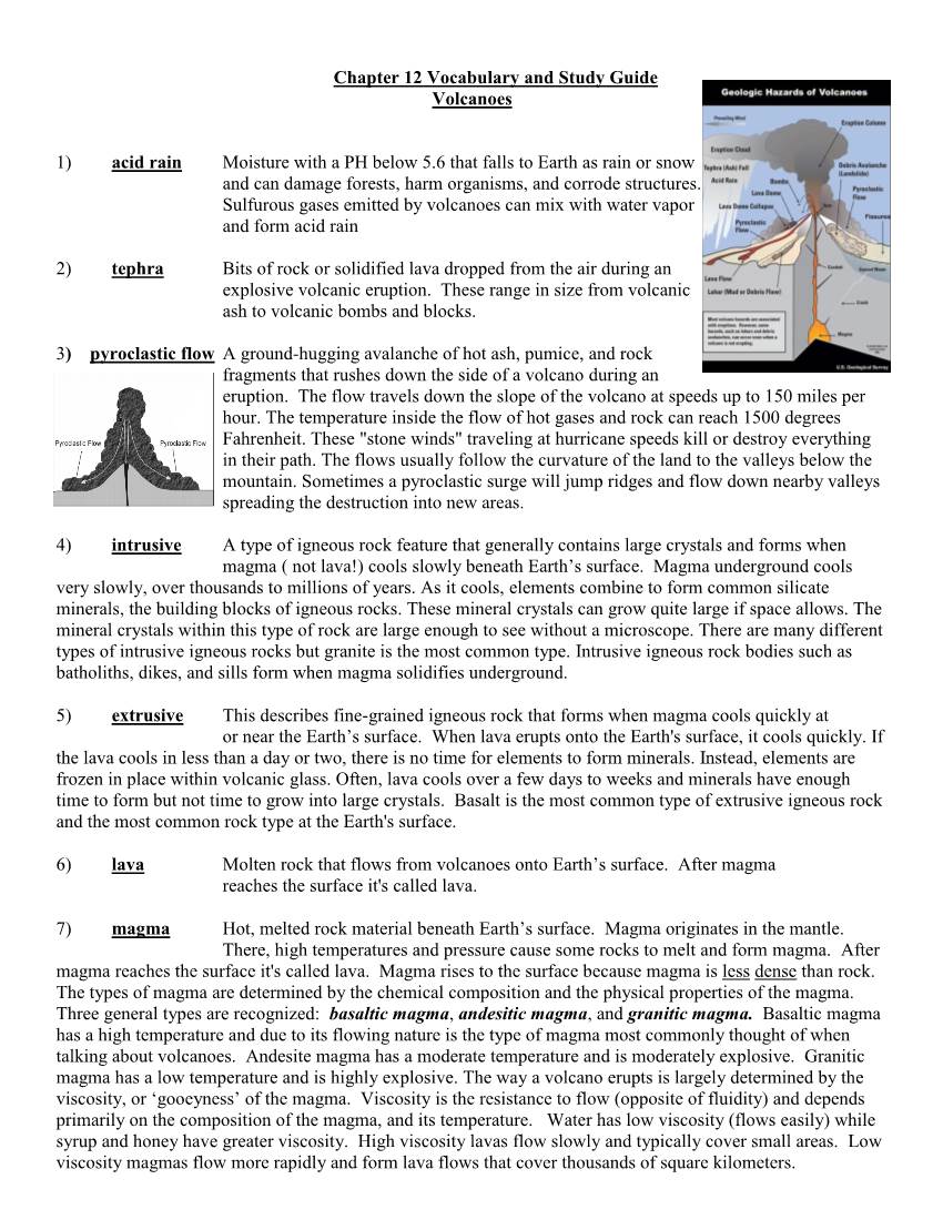 Chapter 12 Vocabulary and Study Guide Volcanoes 1) Acid Rain