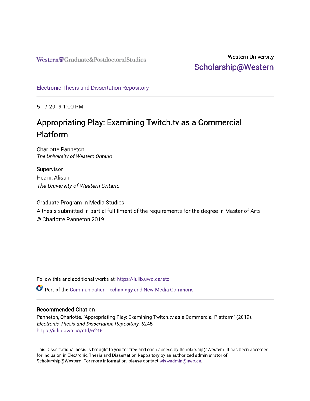Appropriating Play: Examining Twitch.Tv As a Commercial Platform