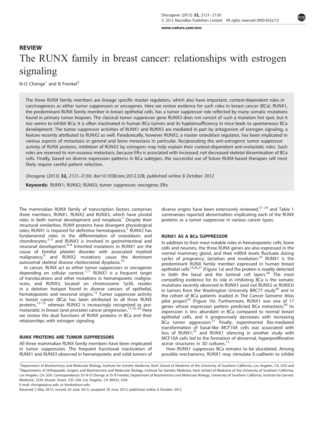 The RUNX Family in Breast Cancer: Relationships with Estrogen Signaling