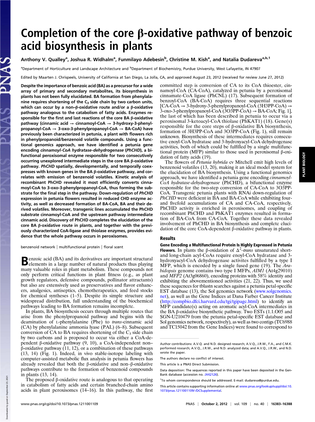 Completion of the Core Β-Oxidative Pathway of Benzoic Acid Biosynthesis in Plants