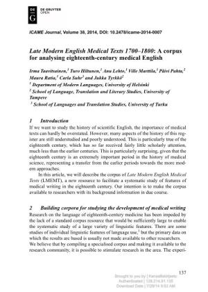 Late Modern English Medical Texts 1700–1800: a Corpus for Analysing Eighteenth-Century Medical English