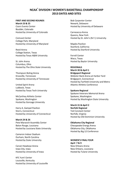 Ncaa Division I Women's Basketball Championship 2013 Dates and Sites